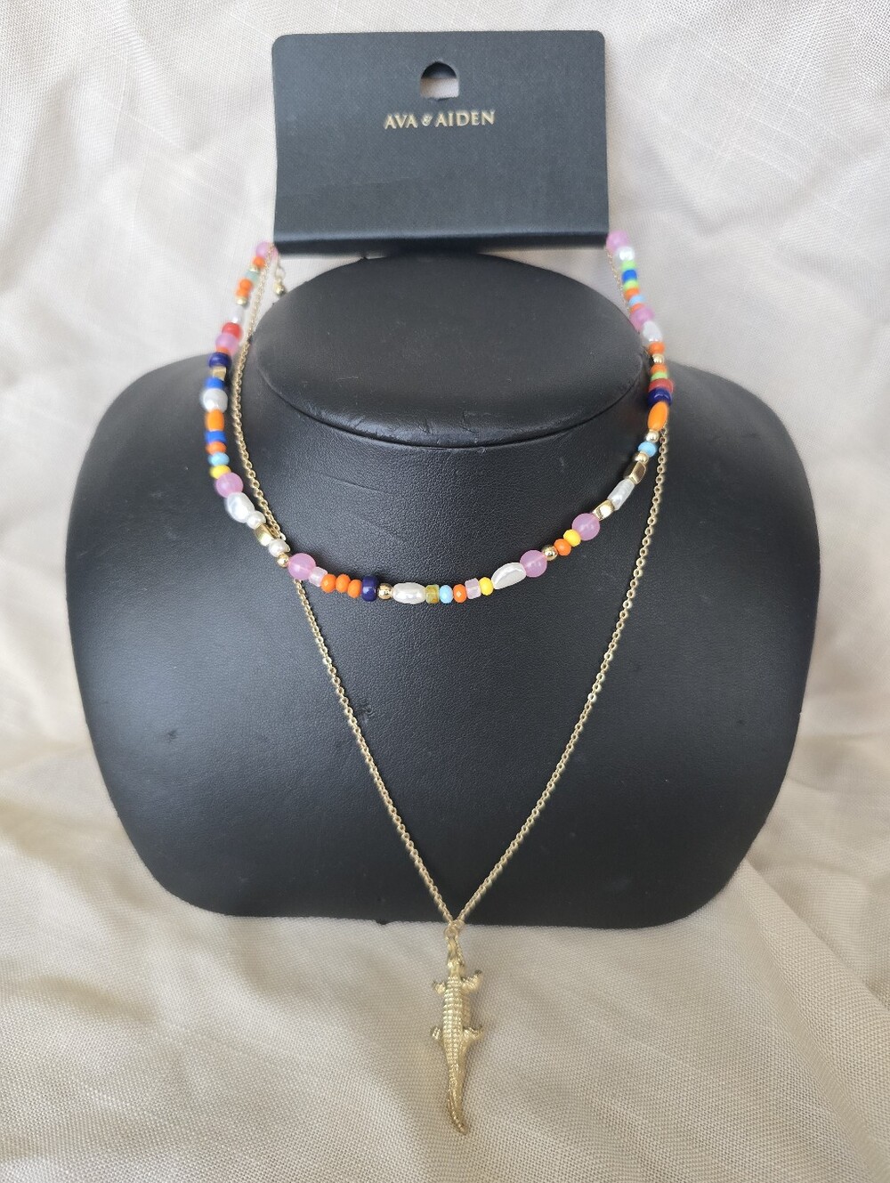 Ava & Aiden Multicolor Beaded Layered Necklace with Gold Lizard Pendant